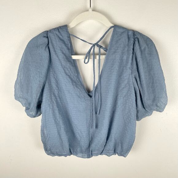 ASTR Revolve Bubble Sleeve Gauze Top Blue Size XS Tie Back Pastel Fairy Preppy - Picture 9 of 10